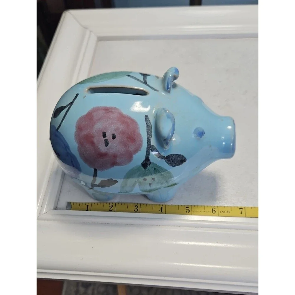 Ceramic Blue Floral Piggy Bank Made In Italy